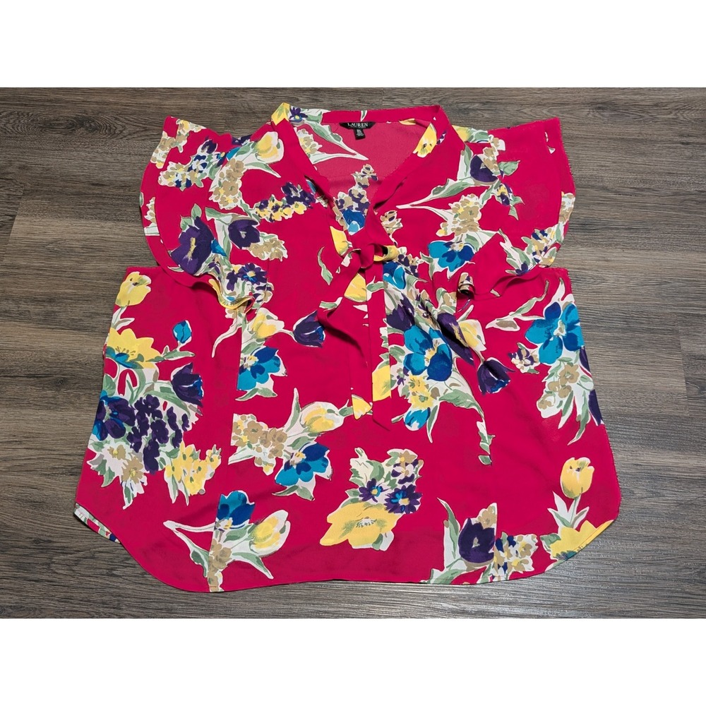Lauren Ralph Lauren Floral Print Blouse Women's 3X Pink Yellow Blue Short Sleeve